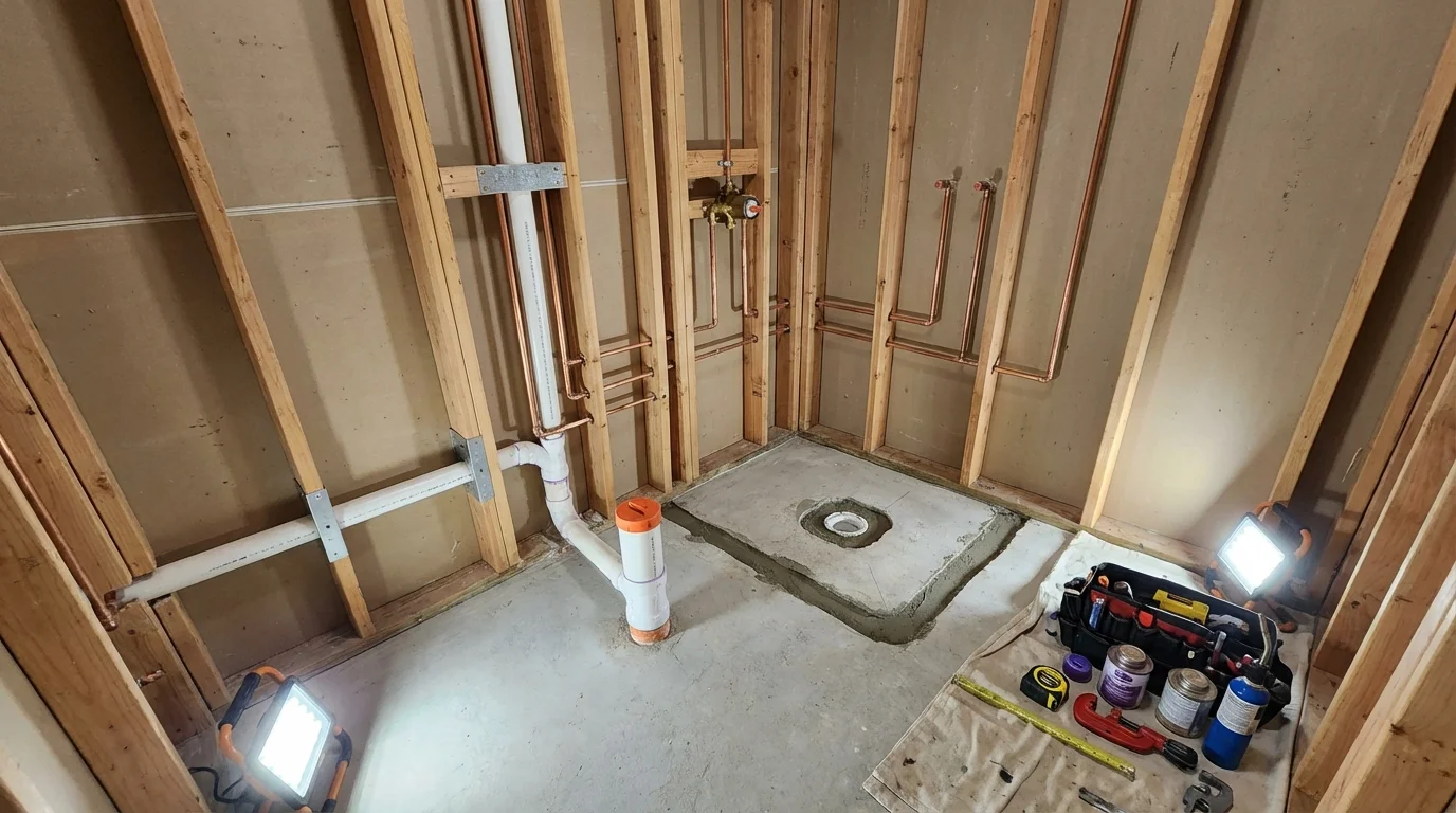 Bathroom rough-in plumbing during remodel by Johns Plumbing LLC in Punta Santiago