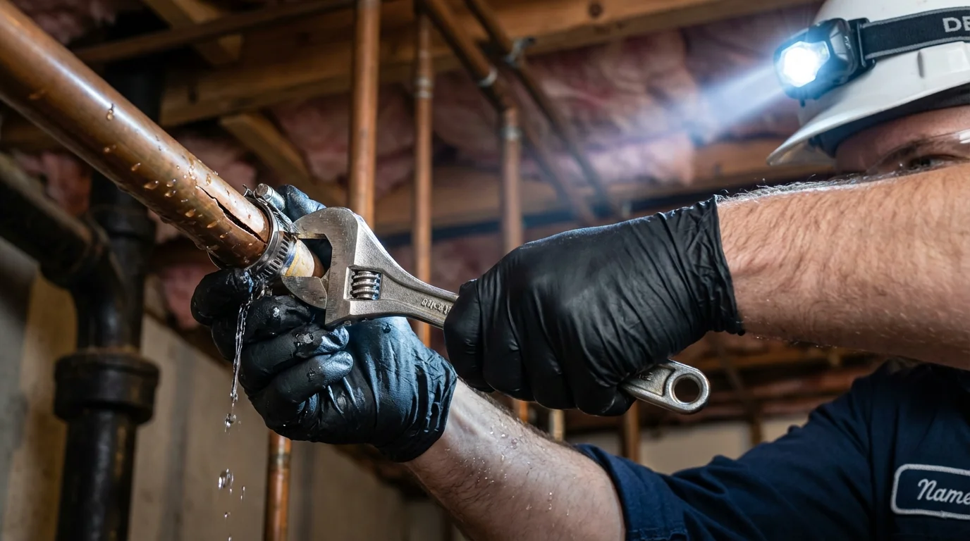 Emergency pipe clamp repair being performed by a Johns Plumbing LLC plumber in Punta Santiago
