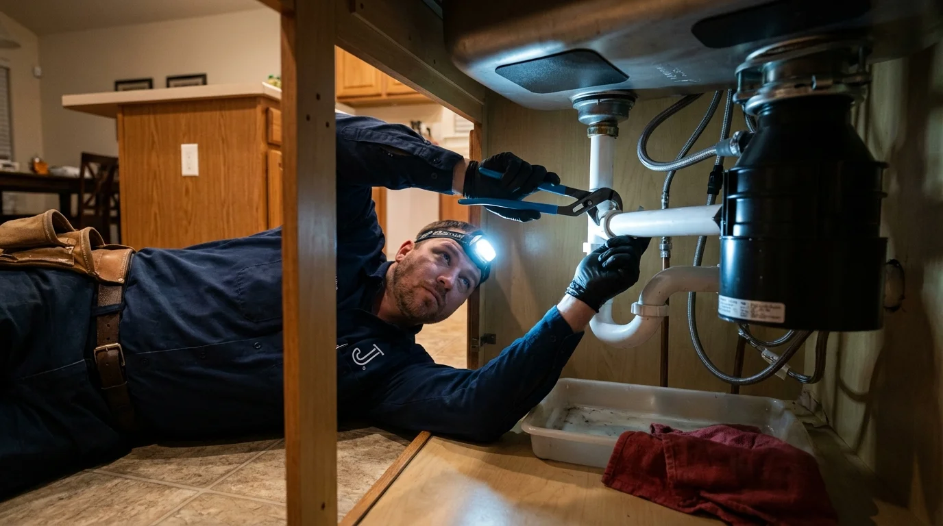 P-trap and supply line connections under a kitchen sink showing a common leak point in Punta Santiago, PR